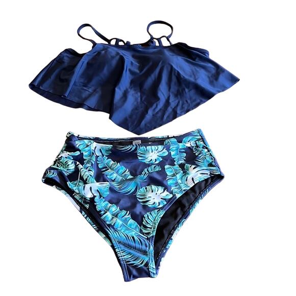 SHEIN Size L 2pc Bikini Swimsuit Tiered Top Tropical Print Bottom - Picture 1 of 8